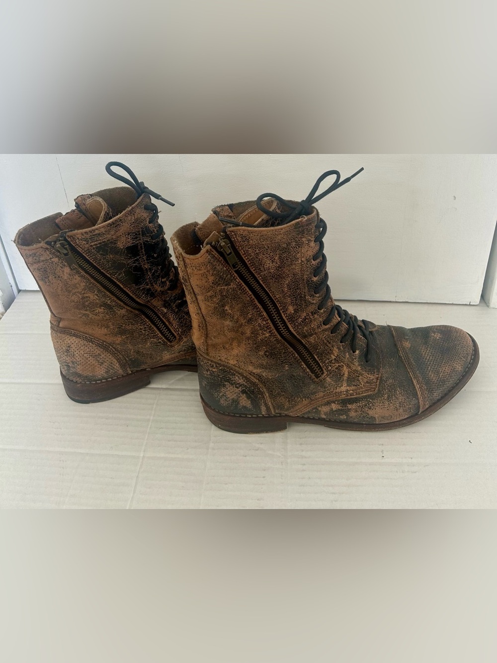 Bed Stu Men's Distressed Brown Lace-Up Side-Zip Combat Boots